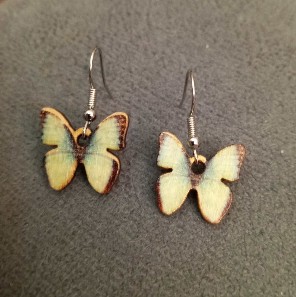 Hand Crafted wooden boho pastel baby blue butterfly earrings
